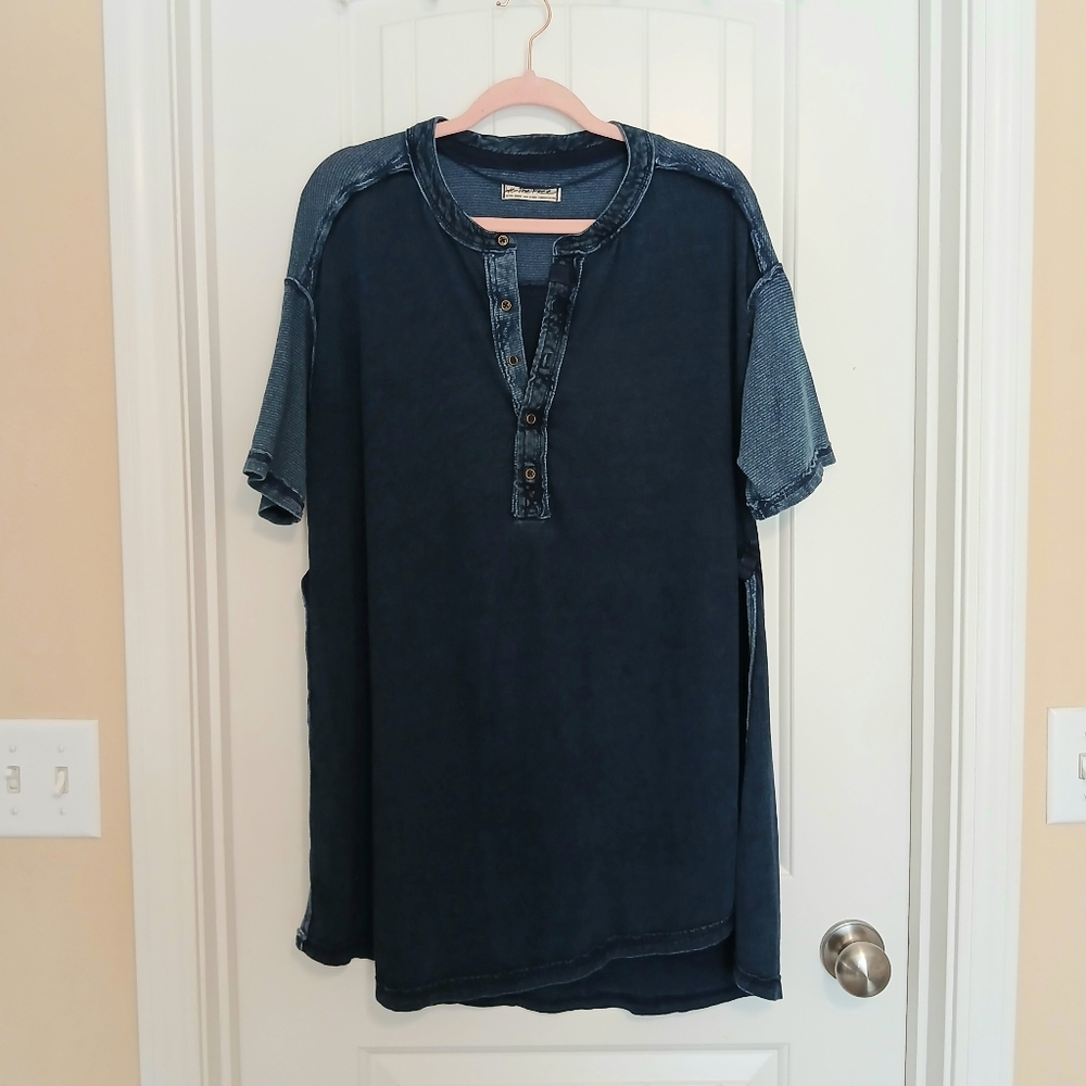 NWOT Free People Thermal Navy Legging Henley Baseball Short Sleeve Tee